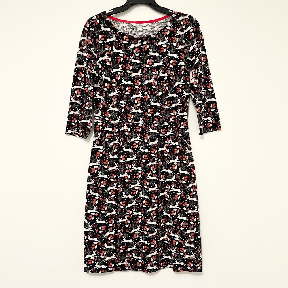 Boden Penny Jersey Dress Black and Red Woodland Bunny with Pockets Women's 4